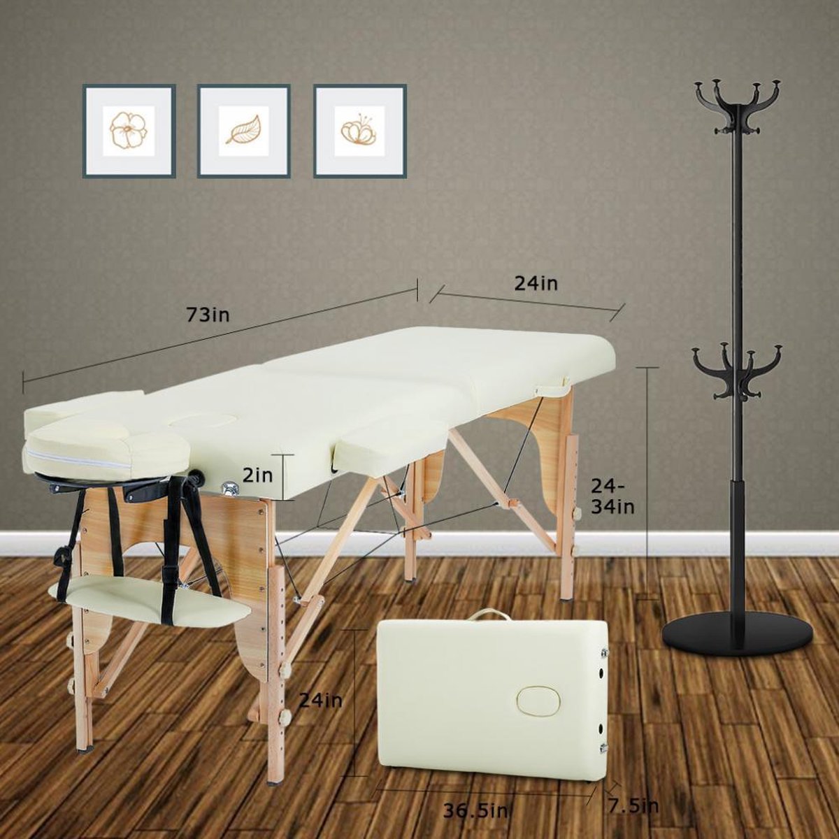 BestMassage MT-296-CREAM, Massagetafel, draagbaar massagebed, 186 cm, hoogte verstelbaar, tweevoudig inklapbaar, gezichtskussen, draagtas en draagbaar, Crème